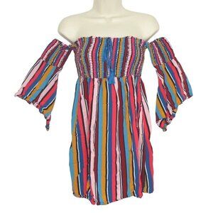 GUESS Womens XS Off Shoulder Vertical Striped Multicolor Smocked Dress Sundress